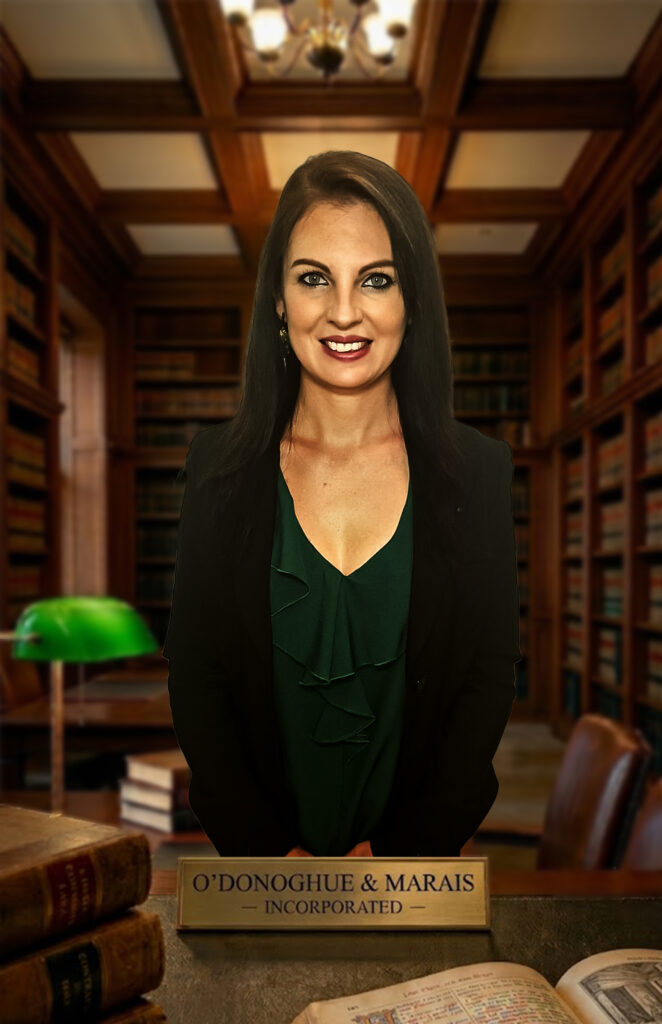 Professional corporate lawyer sitting in the legal library at O'Donoghue & Marais Incorporated, a leading law firm in Springs